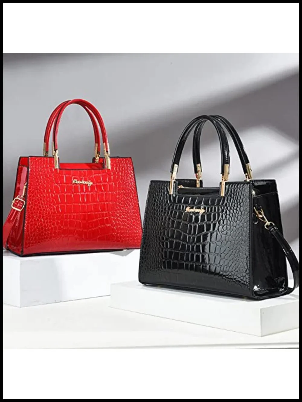 Faux Leather Patent Crocodile Pattern Top Handle Satchel Zipper Medium Tote Bag